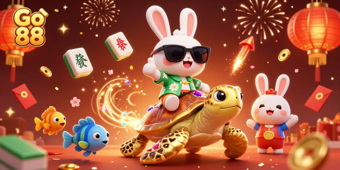 Experience the luck at Go 88 as the joyful rabbit rides a golden turtle amidst festive scenes.