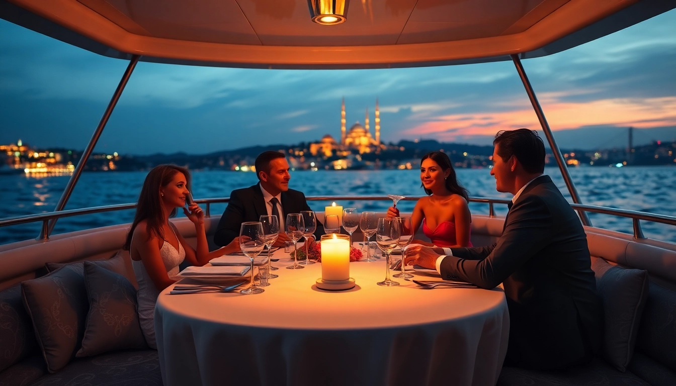 Bosphorus dinner cruise with elegantly set table and Istanbul skyline at sunset.