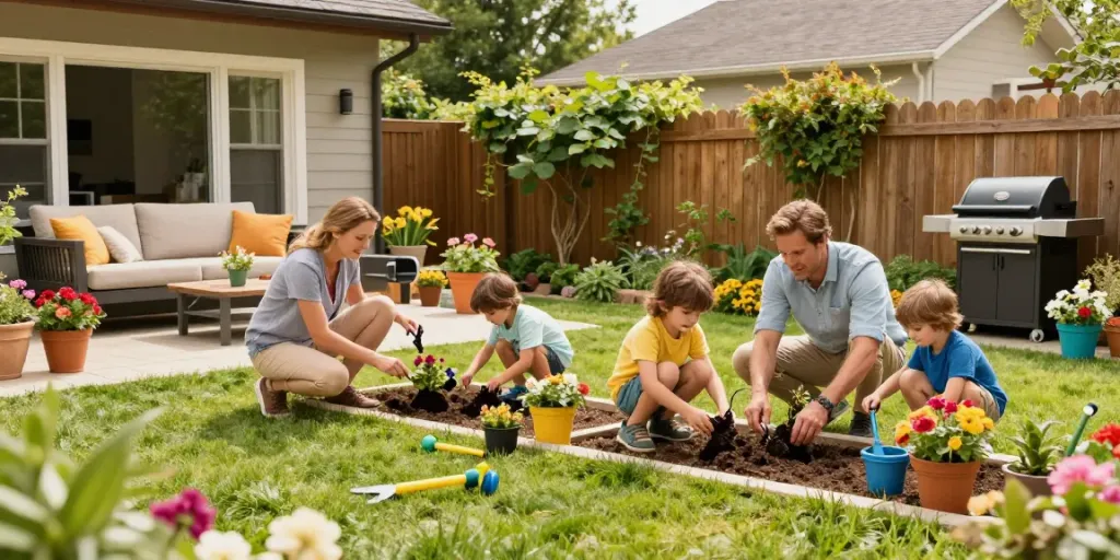 Auf www.eigenheim-blog.com zeigt eine Familie, die im sonnigen Garten spielt und Blumen pflanzt, ideal für Hausbesitzer.