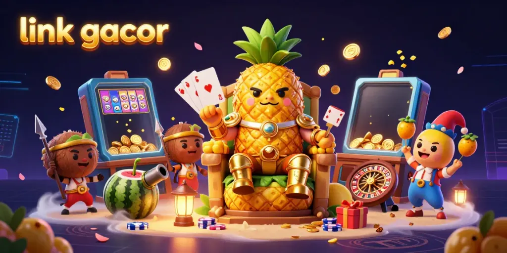 Experience winning strategies with link gacor in a vibrant casino scene featuring a golden pineapple king and colorful slot games.