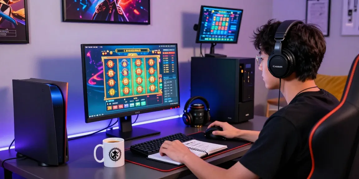 A dedicated gamer engaging with สล็อตเว็บตรง on a vibrant gaming setup, surrounded by advanced gear and colorful decor.