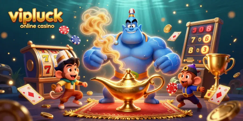 Engage with vipluck online casino through a vibrant 3D illustration showcasing a genie and exciting slot elements.