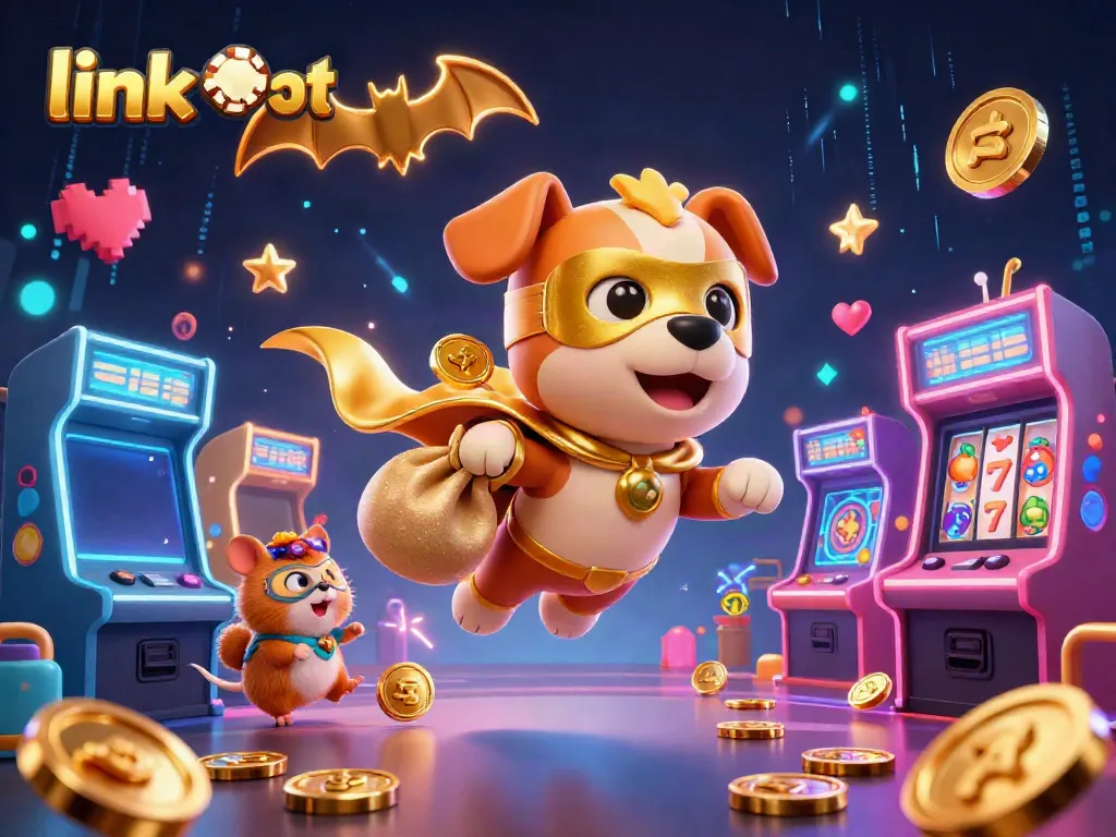 Experience the thrill of link slot gaming with a superhero dog flying through a vibrant casino