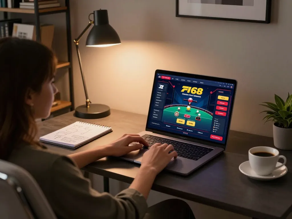 Engaging user betting on f168 online casino from a stylish home office setup.