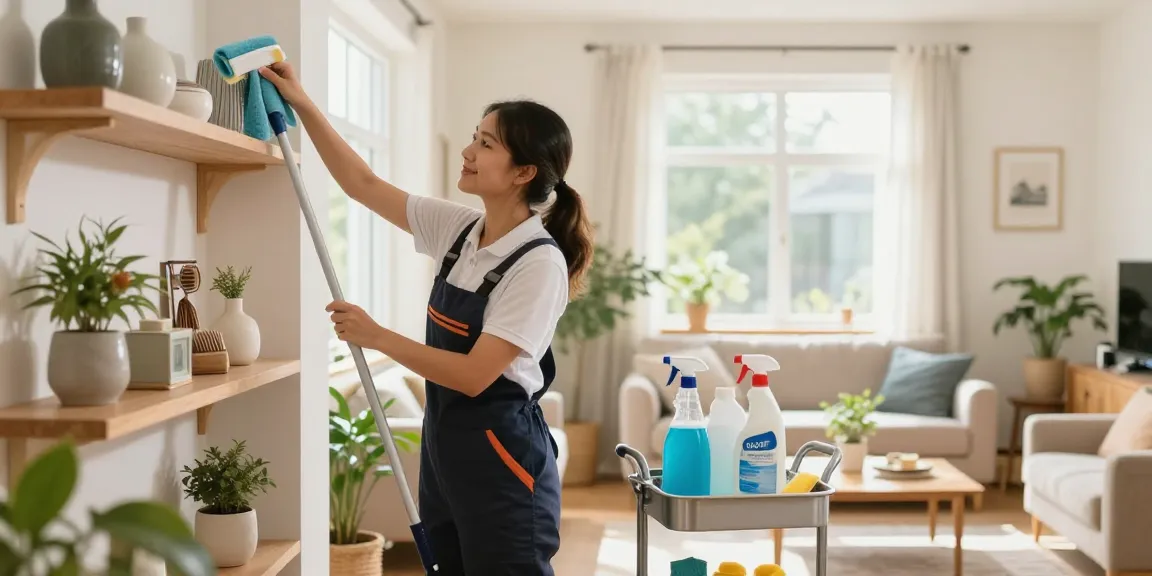 Professional cleaner providing unterhaltsreinigung bern services in a bright living room, ensuring a spotless and inviting home environment.