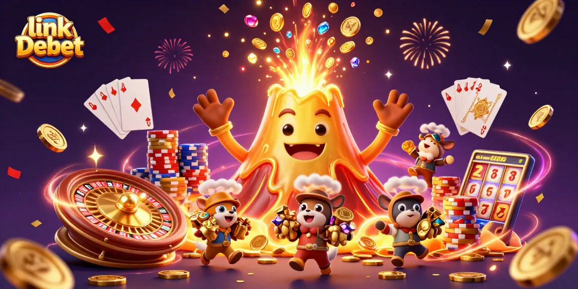 Engage with link Debet as the golden volcano erupts, showering coins and treasures in this vibrant casino scene.