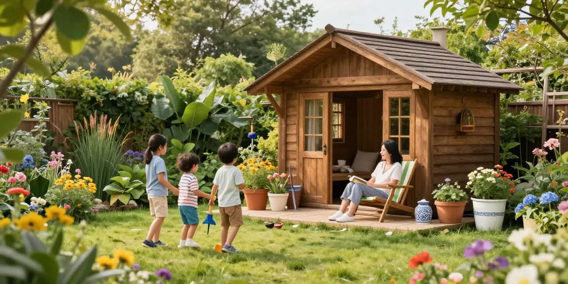Das Garten Haus von McGarden24 im Grünen, umgeben von Blumen und glücklichen Familien.