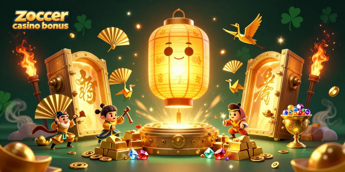 Experience the thrill of Zoccer Casino bonus with captivating treasures, glowing lantern spirits, and golden gems.