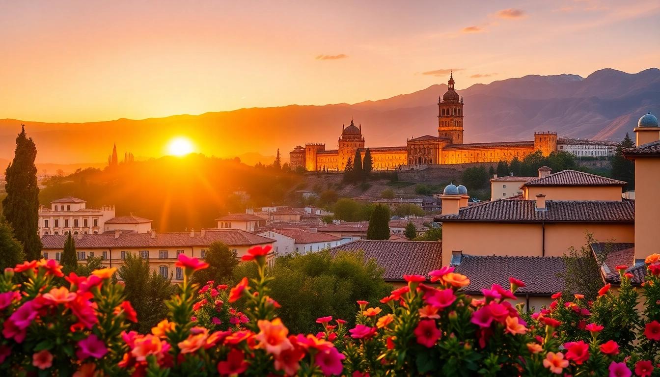 Erleben Sie die schöne Aussicht auf Granada und die Alhambra im Sonnenuntergang.