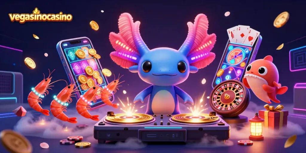 Spin to win at vegasinocasino with a vibrant scene of a neon axolotl DJ and lively underwater gaming elements.