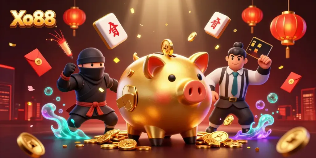 Xo88's exciting scene depicts a golden piggy bank sumo wrestler and ninja battling, surrounded by festive casino elements