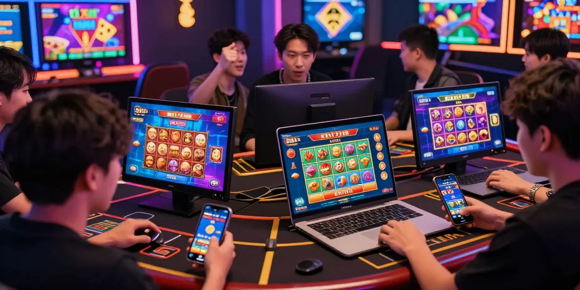 Exciting gaming experience at https://gemwin.pics/ with players enjoying Tài Xỉu and Nổ Hũ on various devices amidst vibrant graphics.