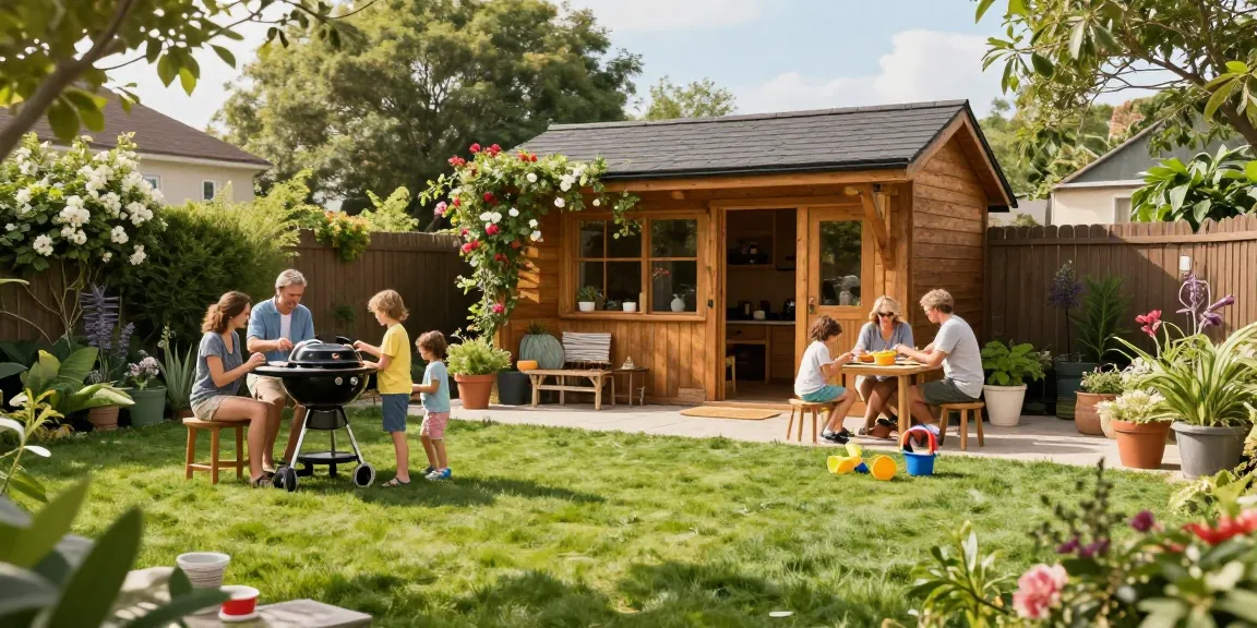 Gartenhäuser aus Holz im einladenden Garten mit Familie und Spielzeugen.