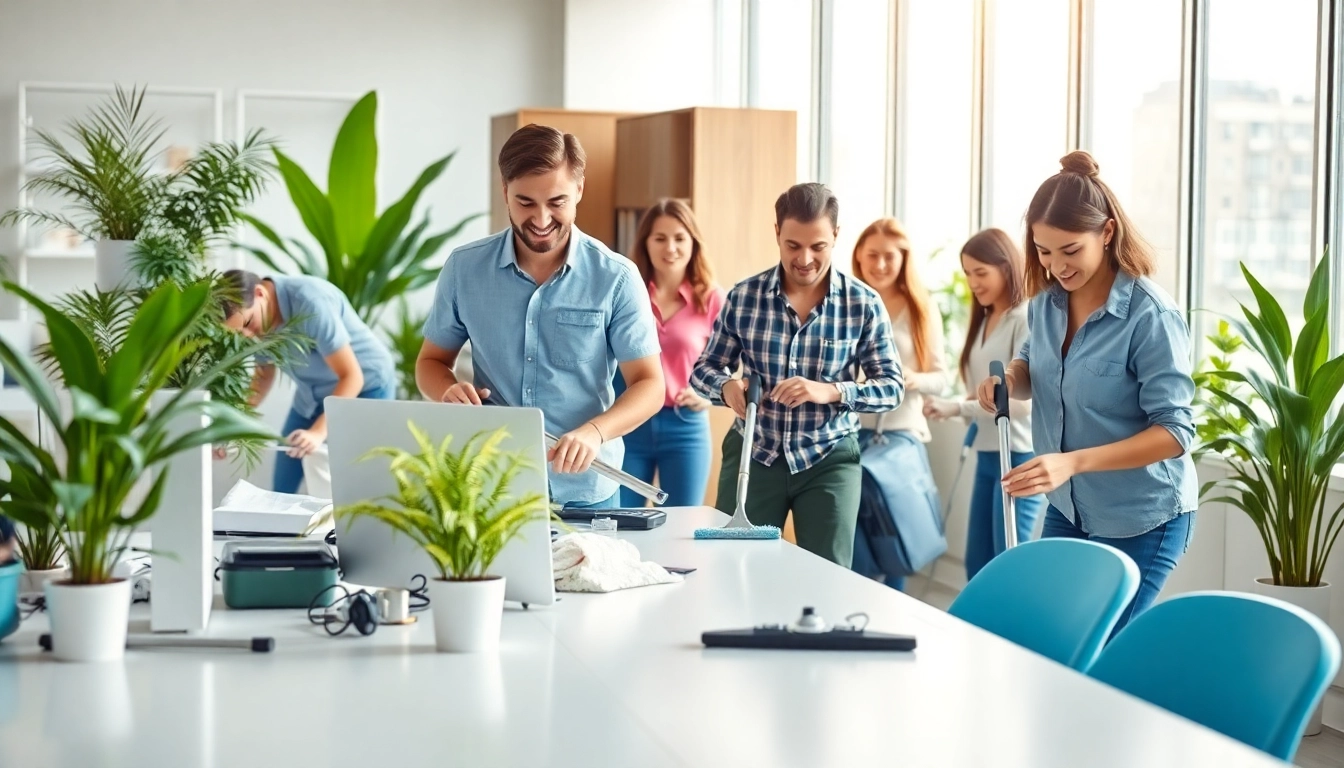 Reinigungsdienste Berlin, professionelle Reinigungsteams in einem modernen Büro, das Sauberkeit demonstriert.