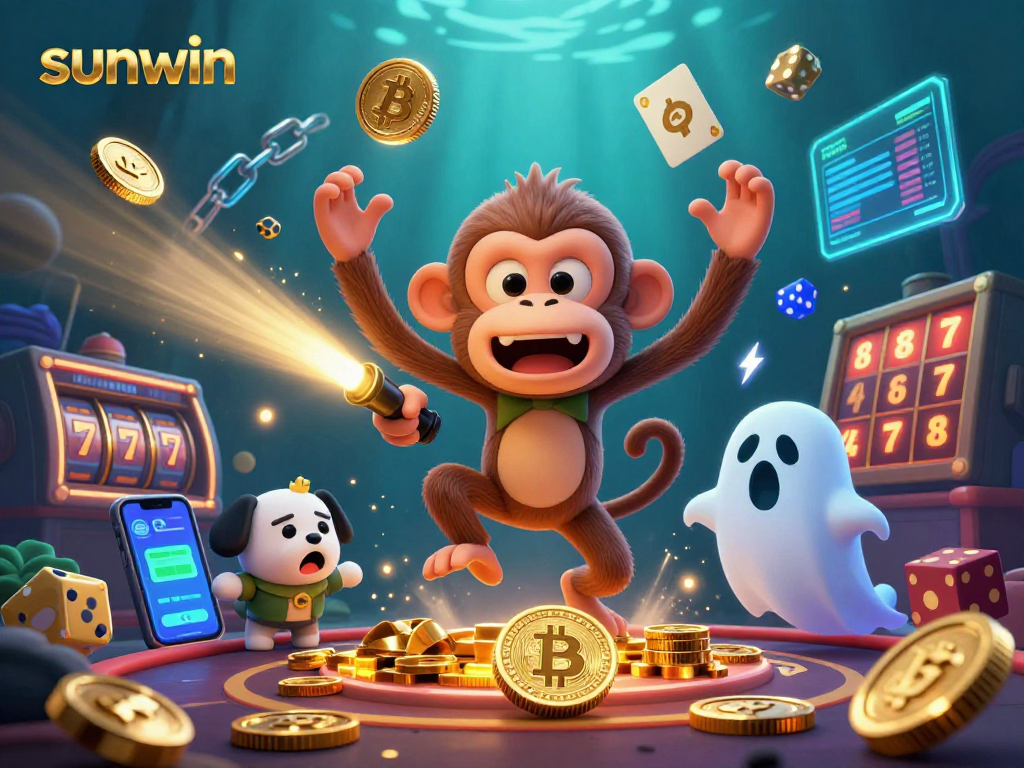Experience thrill with the sunwin casino scene featuring a playful ghost monkey and crypto elements.