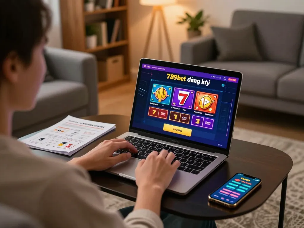 Engaging in online casino gaming with 789bet đăng ký on laptop, showing strategic gameplay
