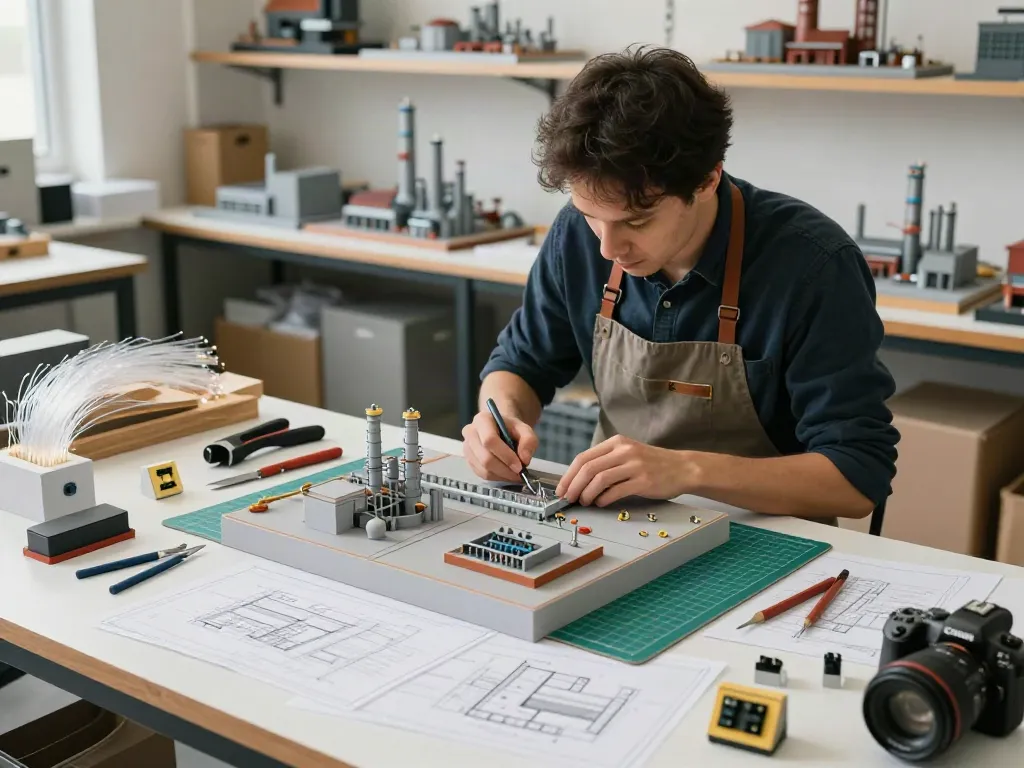 Detailaufnahme eines Funktionsmodellbauers, der ein industrielles Modell mit feinen LED-Beleuchtungen und Schaltern zusammenstellt.